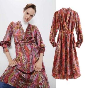 ZARA Paisley Satin Midi Dress with Belt Sz XS Pink/Red Multi